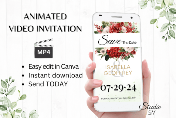 Red Roses Save the Date Invite W2246: Your Digital Wedding Stationery Solution